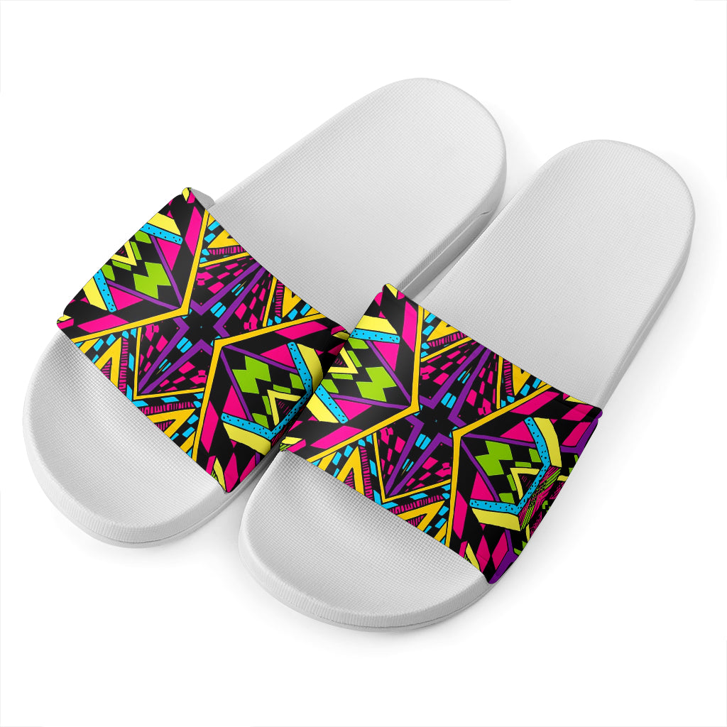 Ethnic Psychedelic Trippy Print White Slide Sandals