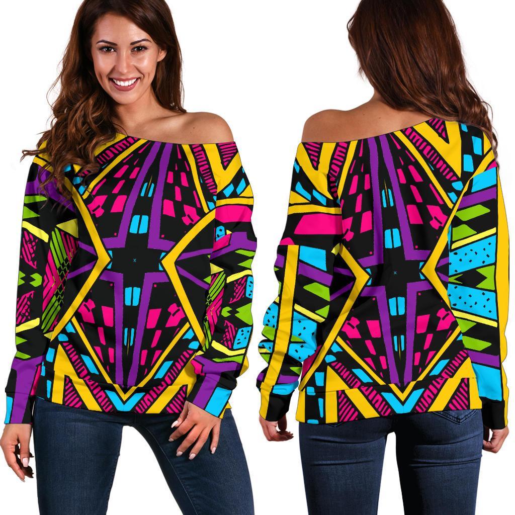 Ethnic Psychedelic Trippy Print Women's Off-Shoulder Sweatshirt