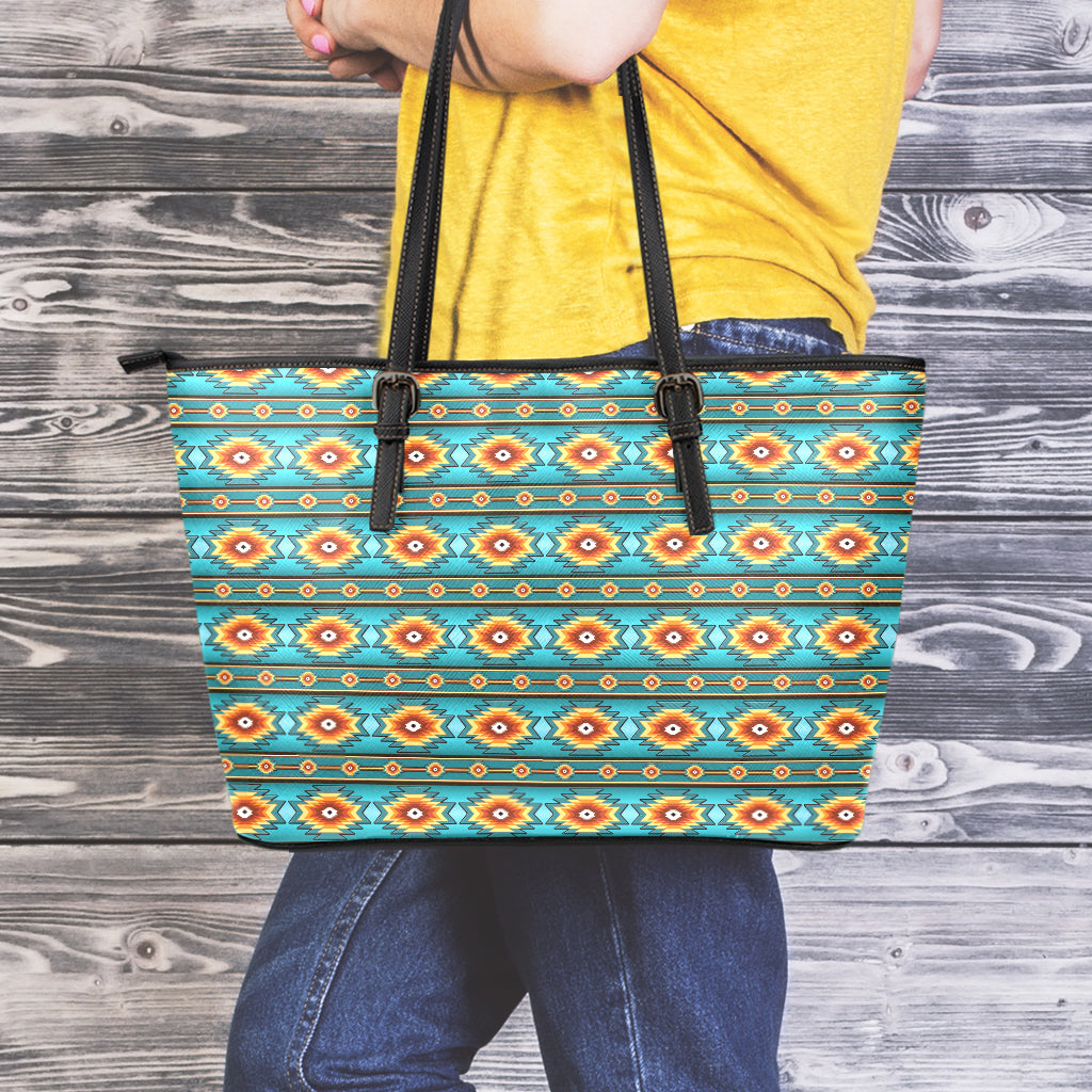 Ethnic Southwestern Navajo Pattern Print Leather Tote Bag