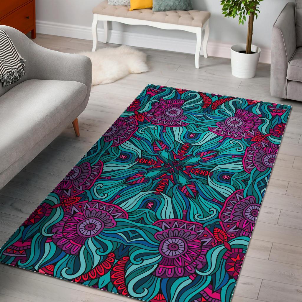 Ethnic Teal Bohemian Pattern Print Area Rug