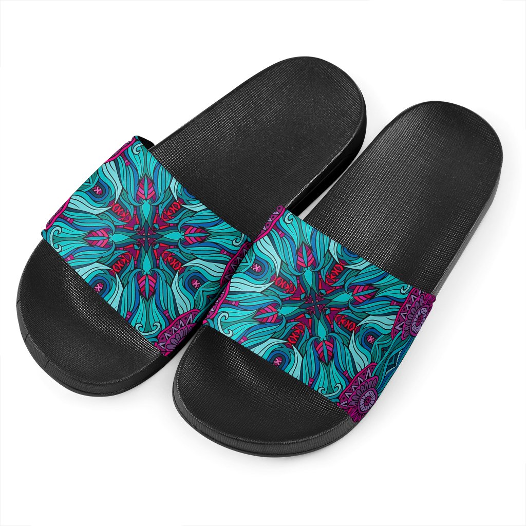 Ethnic Teal Bohemian Pattern Print Black Slide Sandals