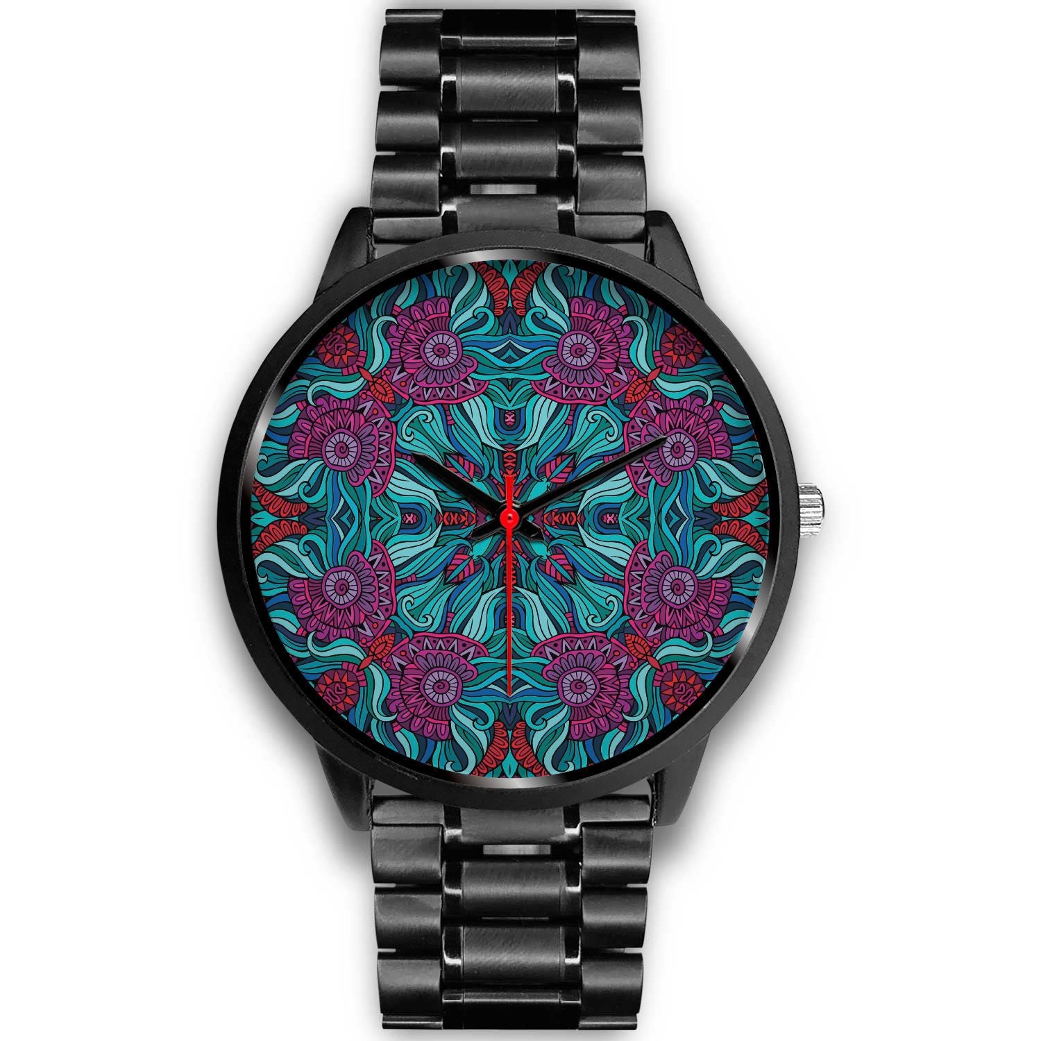 Ethnic Teal Bohemian Pattern Print Black Watch