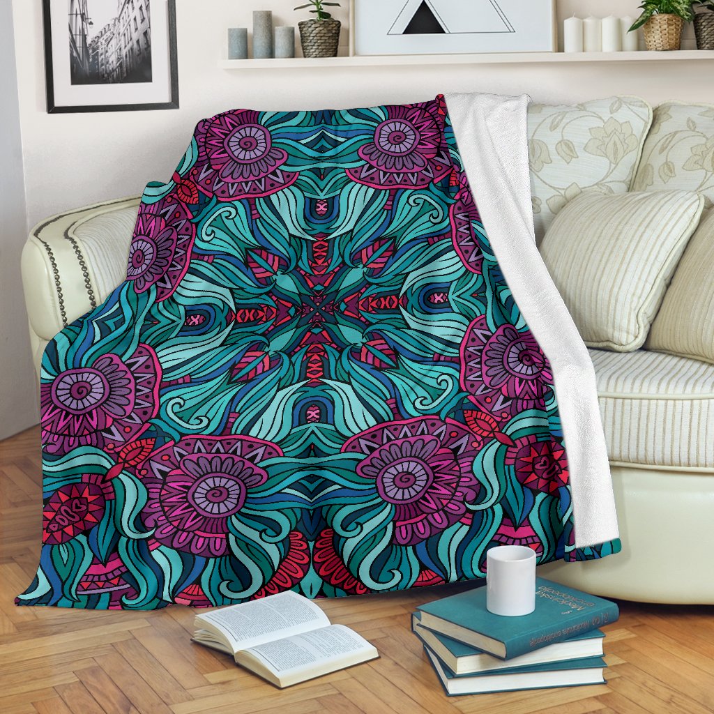 Ethnic Teal Bohemian Pattern Print Blanket