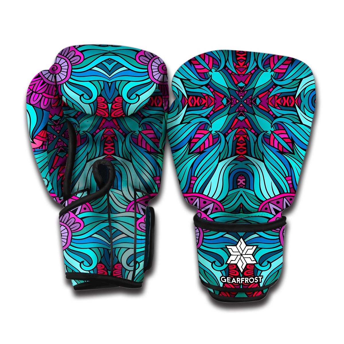 Ethnic Teal Bohemian Pattern Print Boxing Gloves