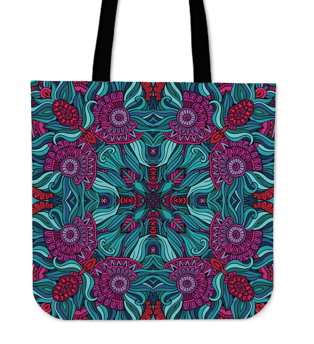 Ethnic Teal Bohemian Pattern Print Canvas Tote Bag