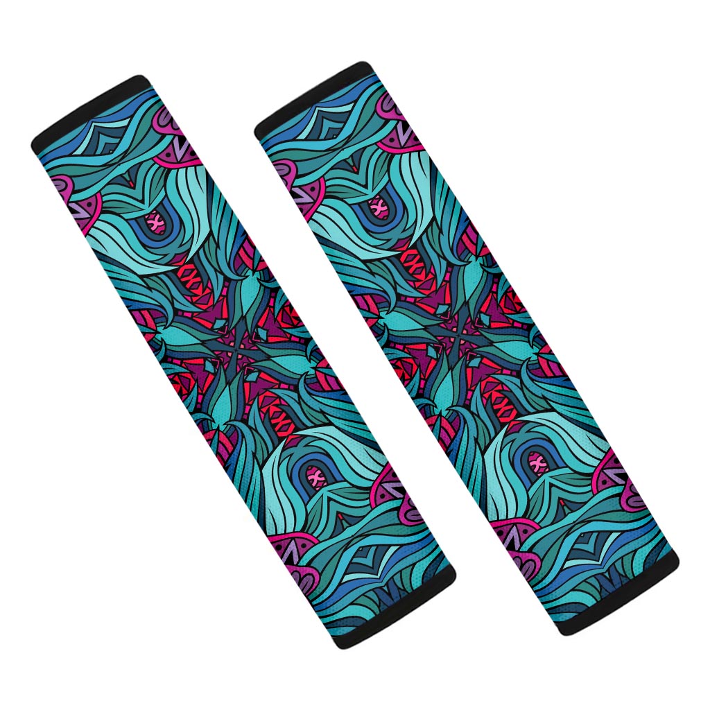 Ethnic Teal Bohemian Pattern Print Car Seat Belt Covers