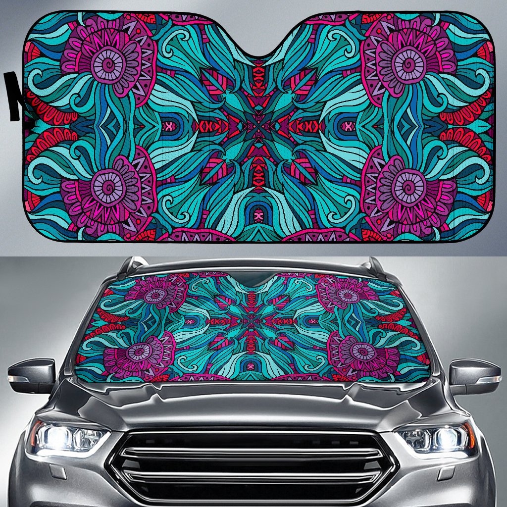 Ethnic Teal Bohemian Pattern Print Car Sun Shade