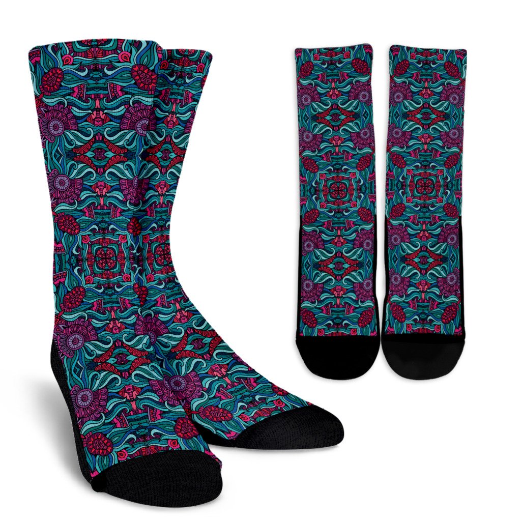 Ethnic Teal Bohemian Pattern Print Crew Socks