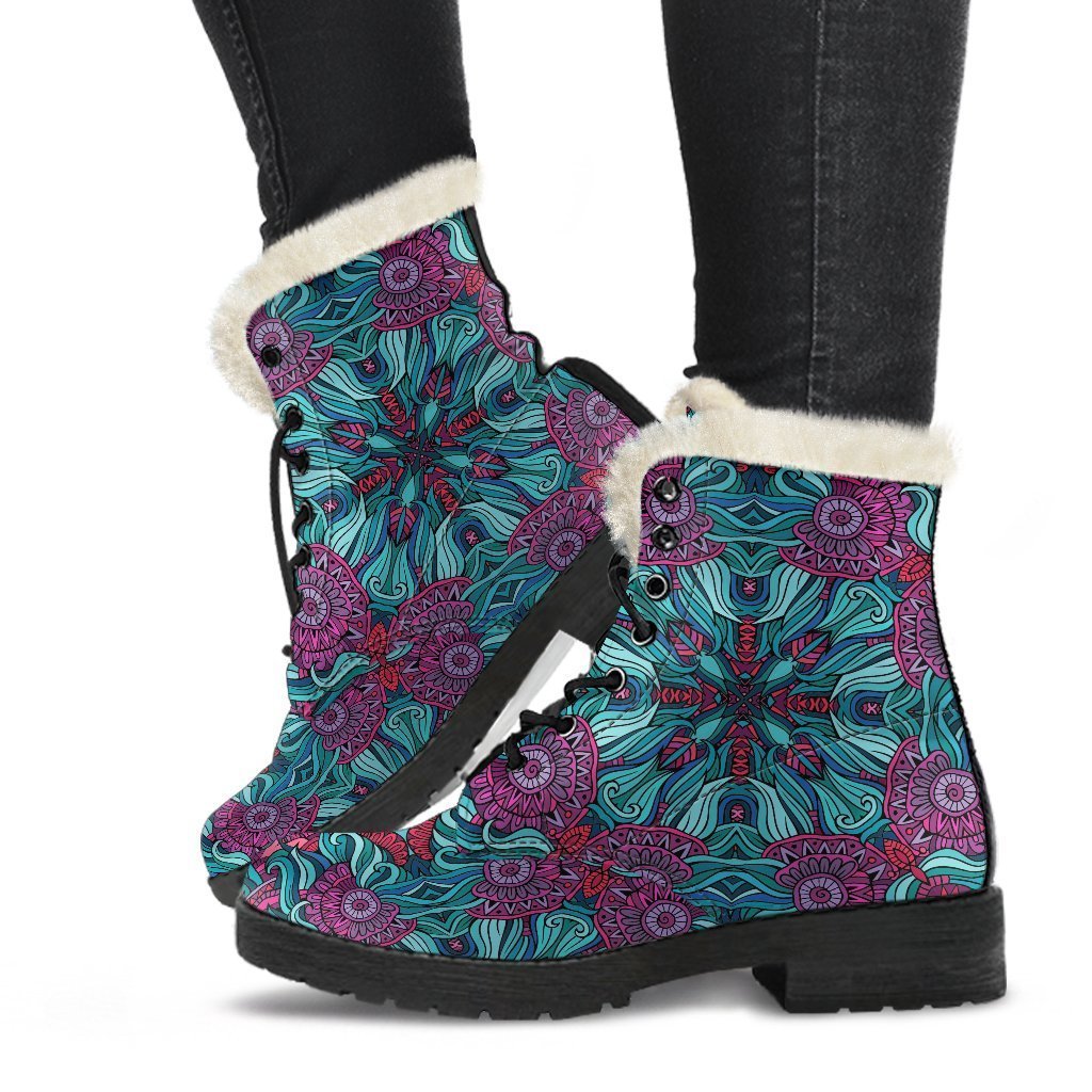 Ethnic Teal Bohemian Pattern Print Faux Fur Leather Boots