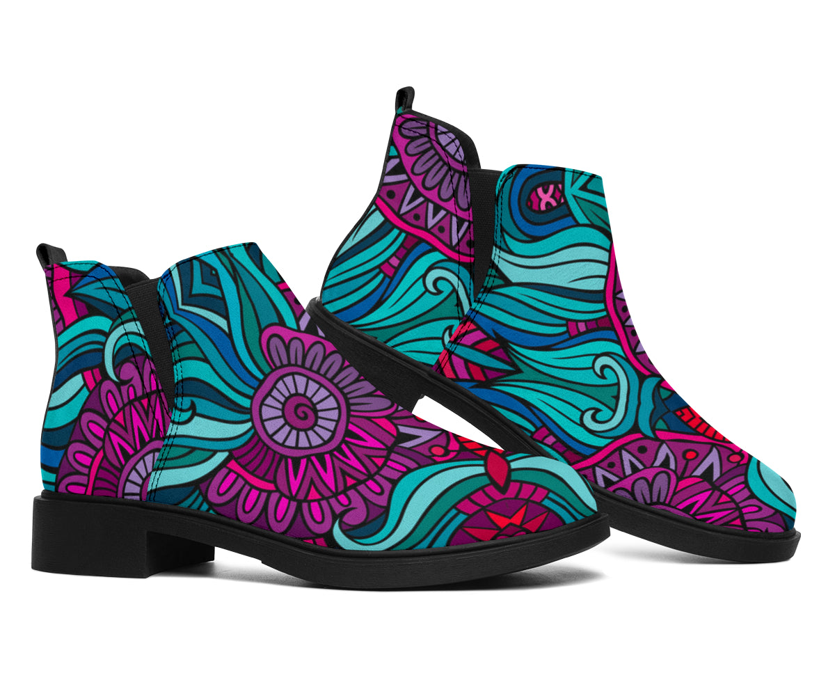 Ethnic Teal Bohemian Pattern Print Flat Ankle Boots