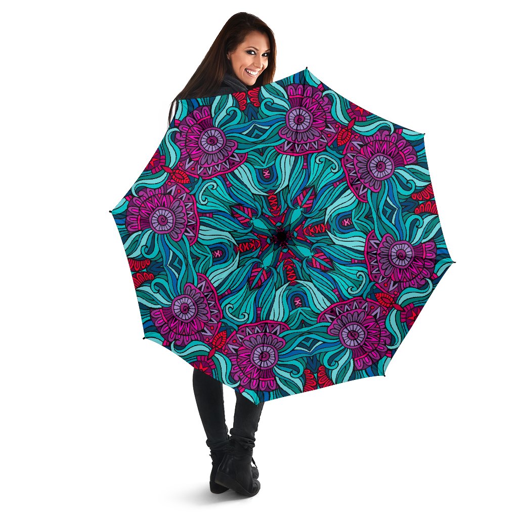 Ethnic Teal Bohemian Pattern Print Foldable Umbrella