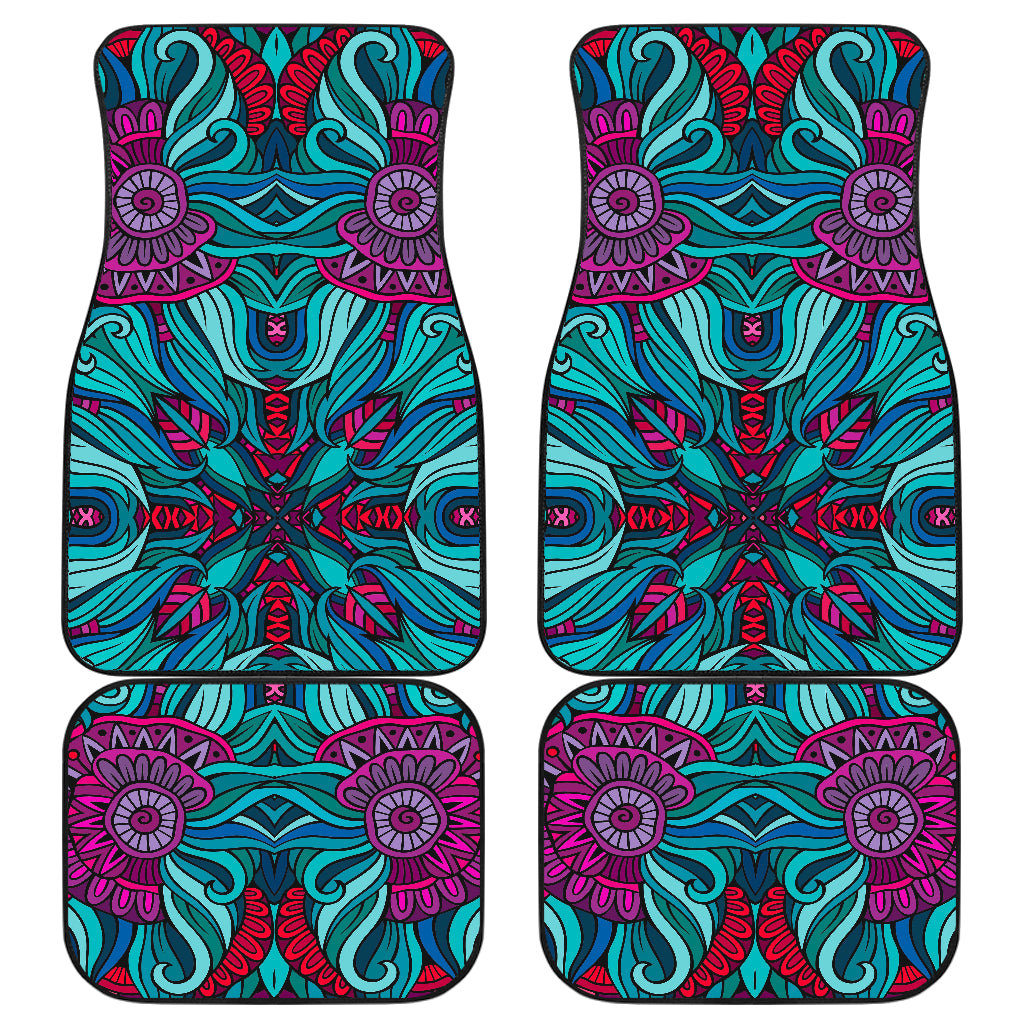 Ethnic Teal Bohemian Pattern Print Front and Back Car Floor Mats