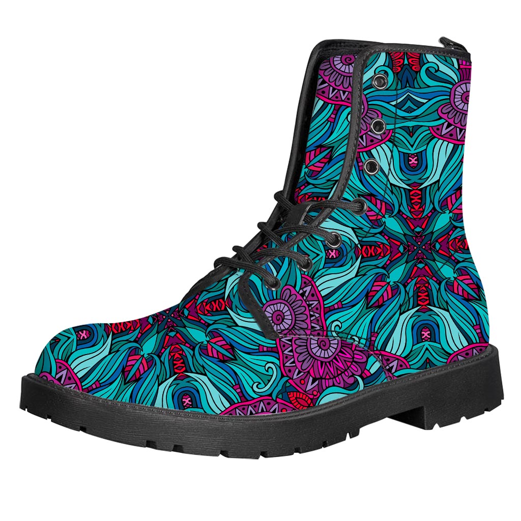 Ethnic Teal Bohemian Pattern Print Leather Boots