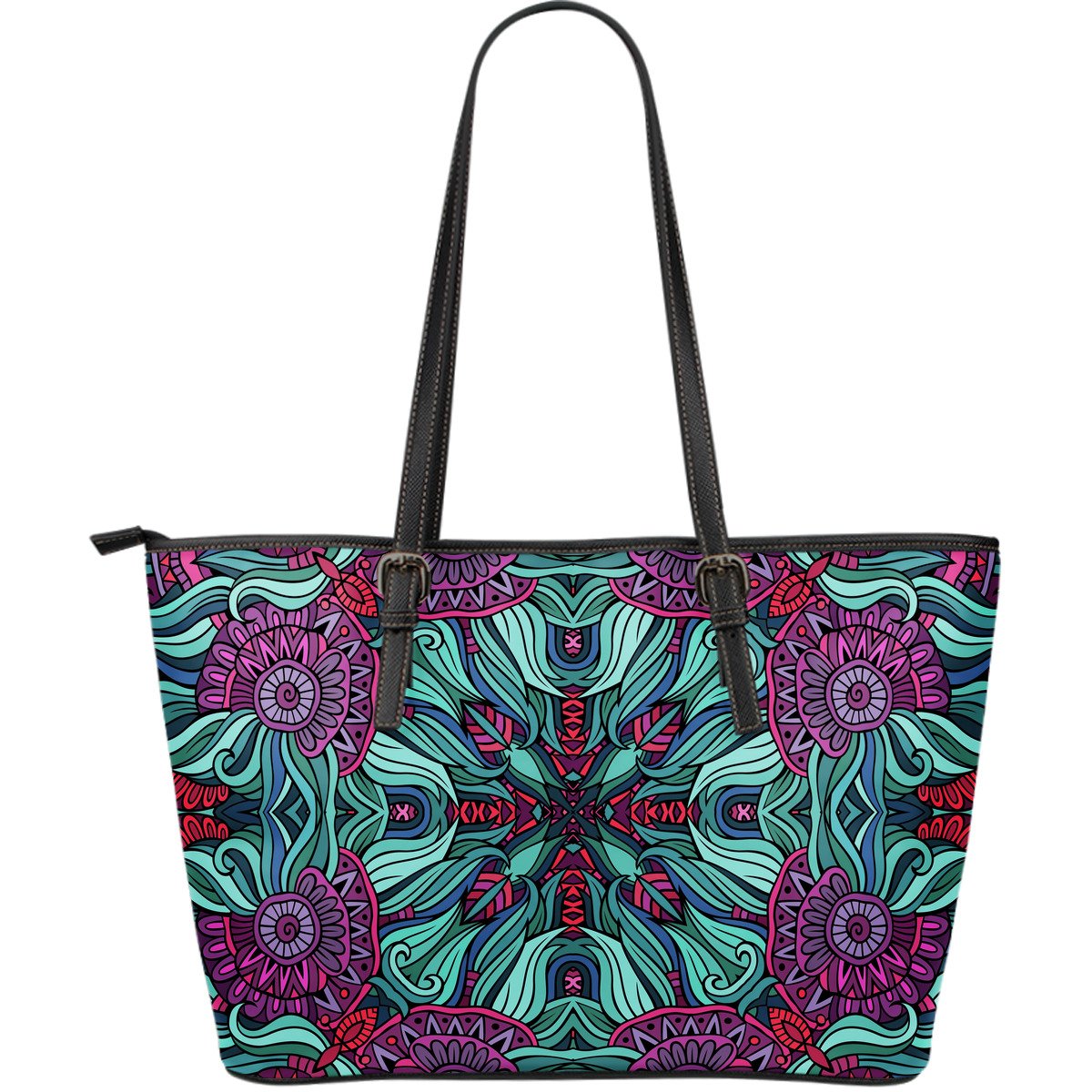 Ethnic Teal Bohemian Pattern Print Leather Tote Bag