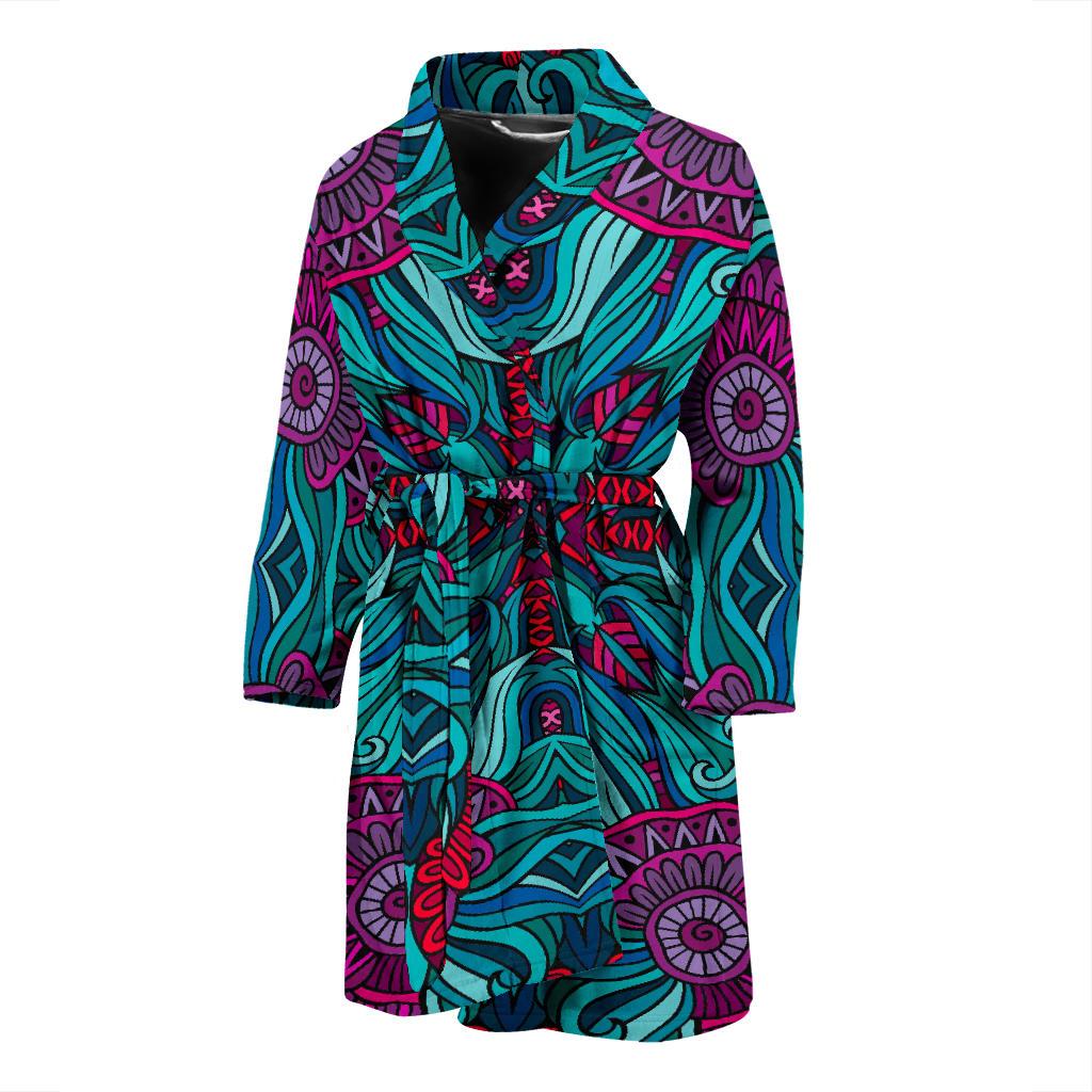 Ethnic Teal Bohemian Pattern Print Men's Bathrobe