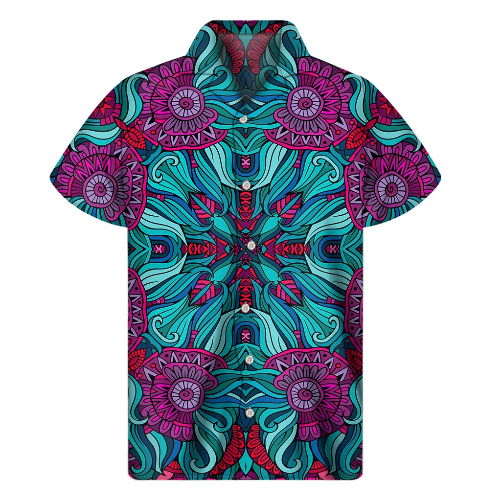 Ethnic Teal Bohemian Pattern Print Men's Short Sleeve Shirt