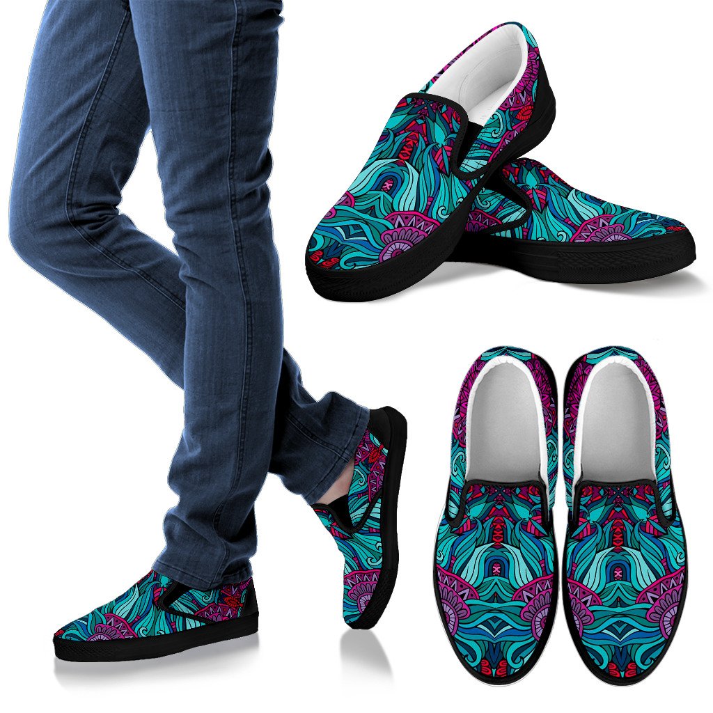 Ethnic Teal Bohemian Pattern Print Men's Slip On Shoes