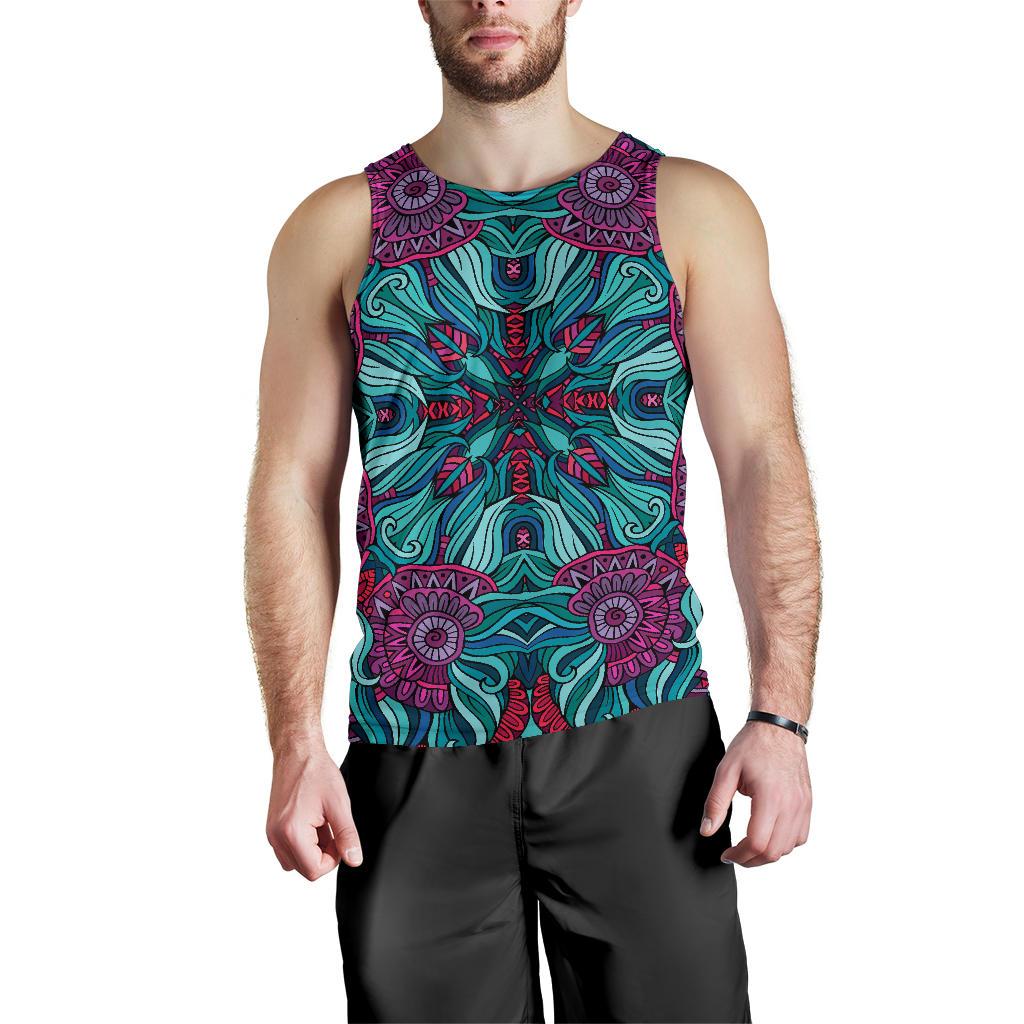 Ethnic Teal Bohemian Pattern Print Men's Tank Top