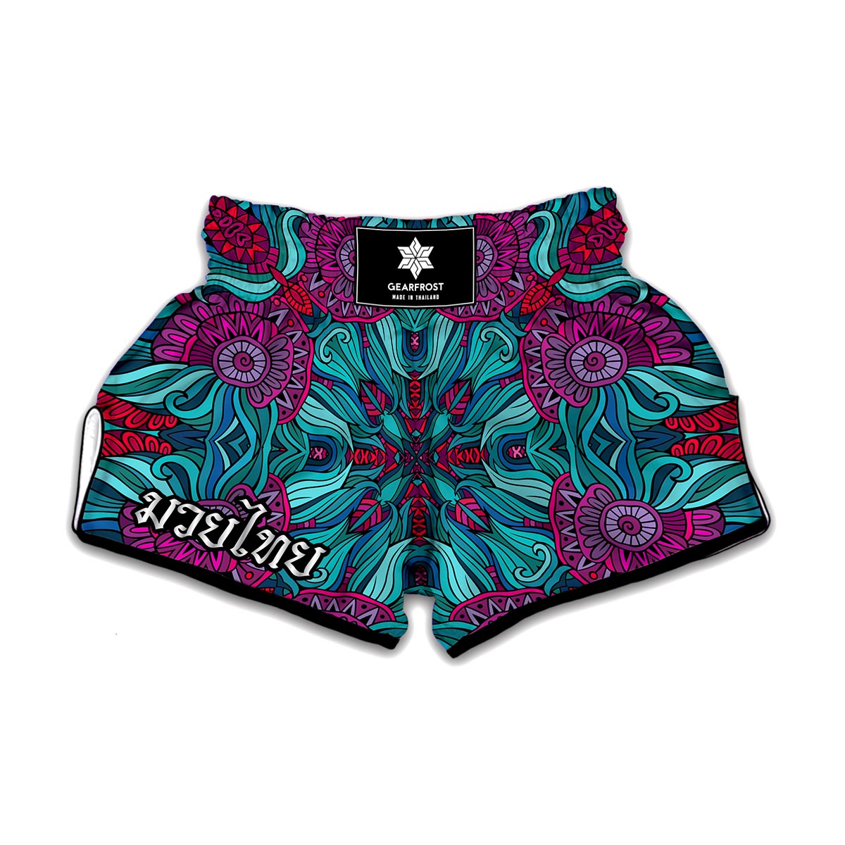 Ethnic Teal Bohemian Pattern Print Muay Thai Boxing Shorts