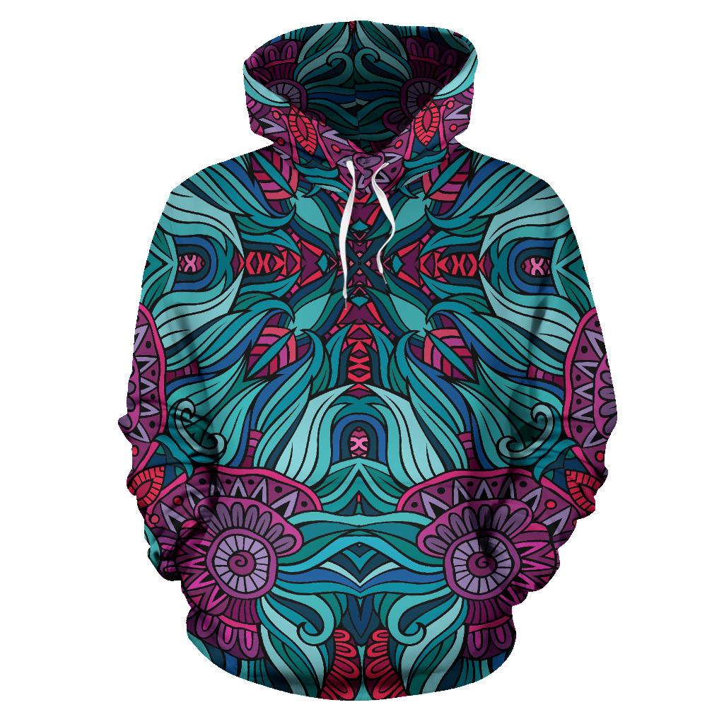 Ethnic Teal Bohemian Pattern Print Pullover Hoodie