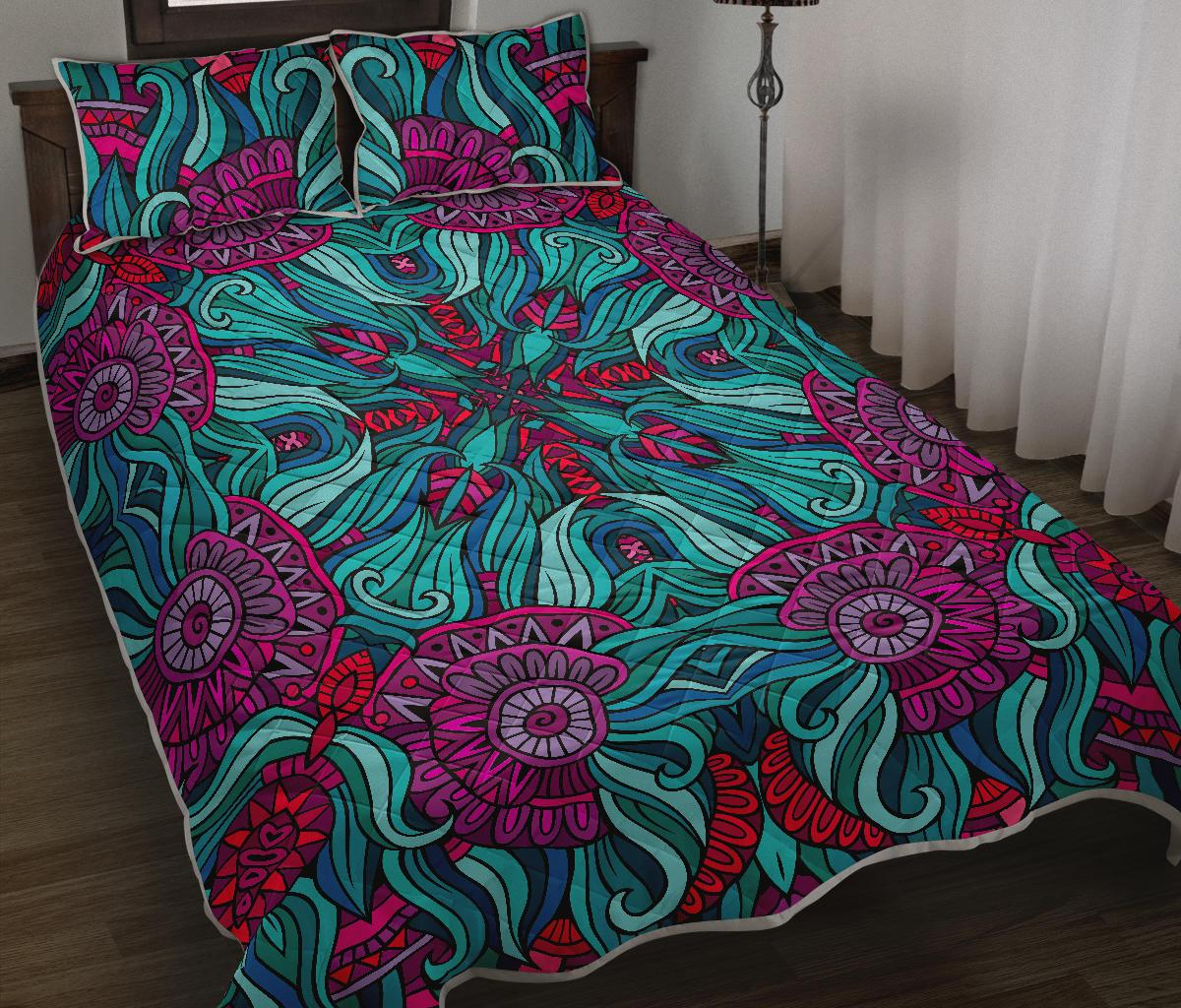 Ethnic Teal Bohemian Pattern Print Quilt Bed Set