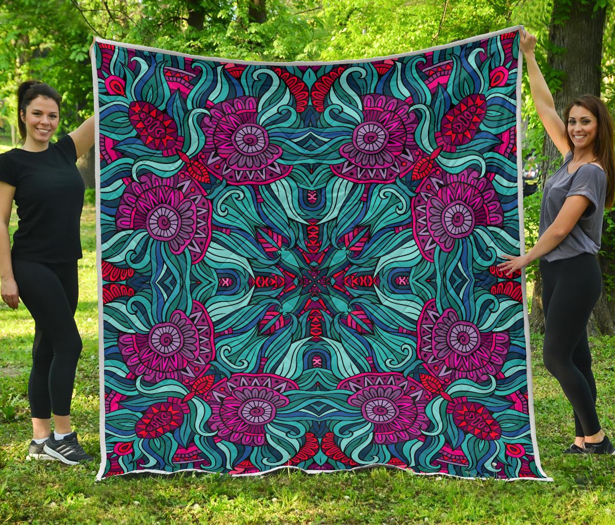 Ethnic Teal Bohemian Pattern Print Quilt