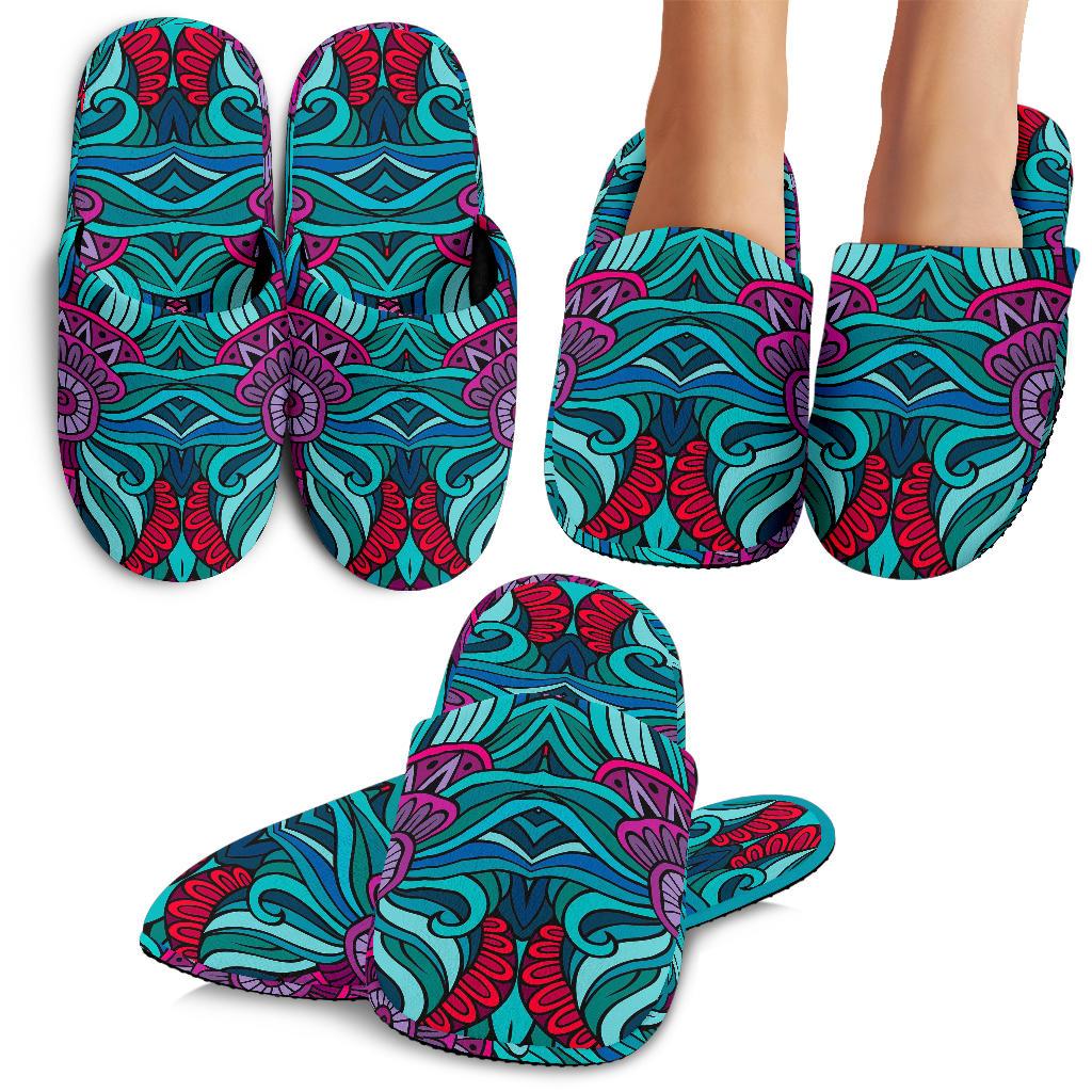 Ethnic Teal Bohemian Pattern Print Slippers