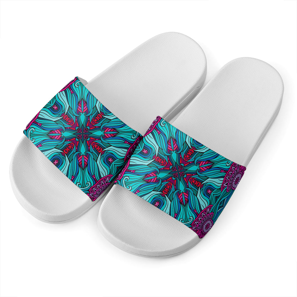 Ethnic Teal Bohemian Pattern Print White Slide Sandals