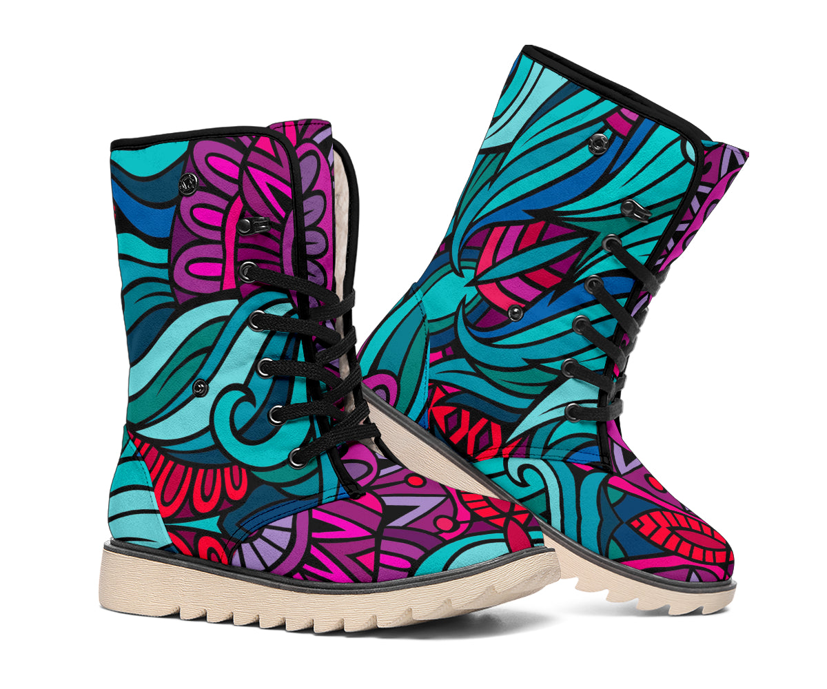 Ethnic Teal Bohemian Pattern Print Winter Boots