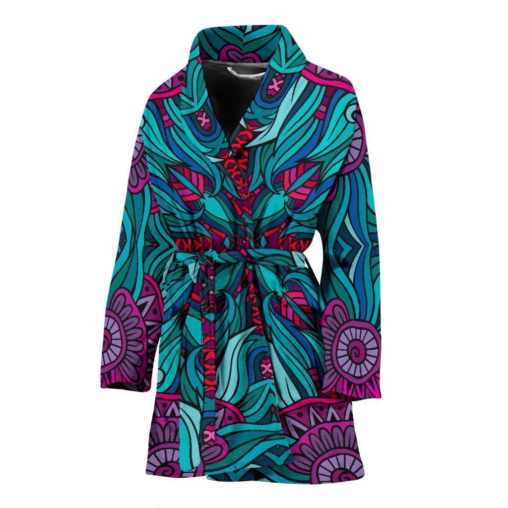 Ethnic Teal Bohemian Pattern Print Women's Bathrobe