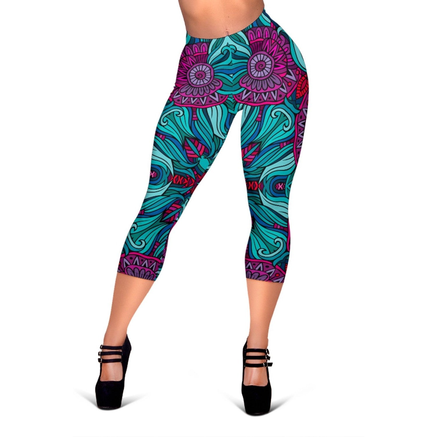 Ethnic Teal Bohemian Pattern Print Women's Capri Leggings