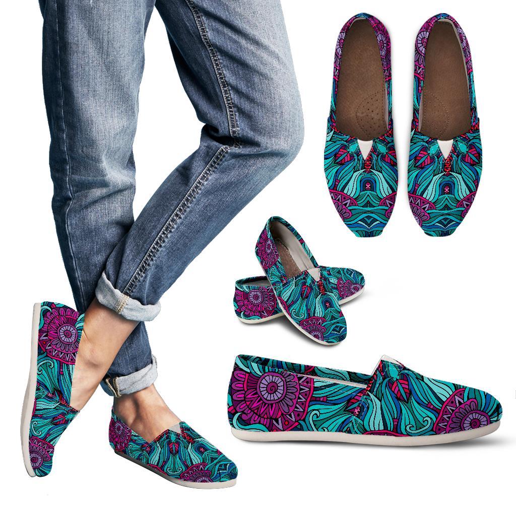 Ethnic Teal Bohemian Pattern Print Women's Casual Canvas Shoes