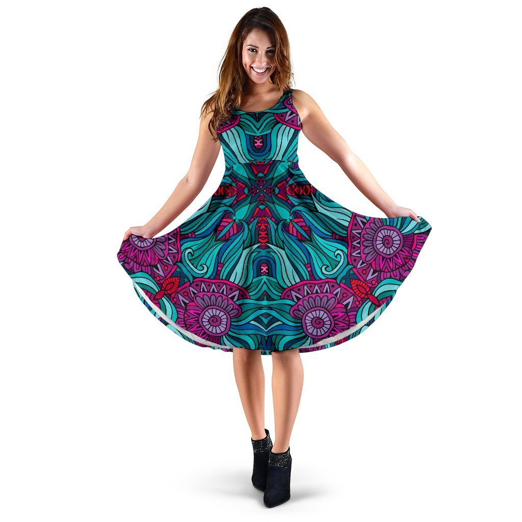 Ethnic Teal Bohemian Pattern Print Women's Dress