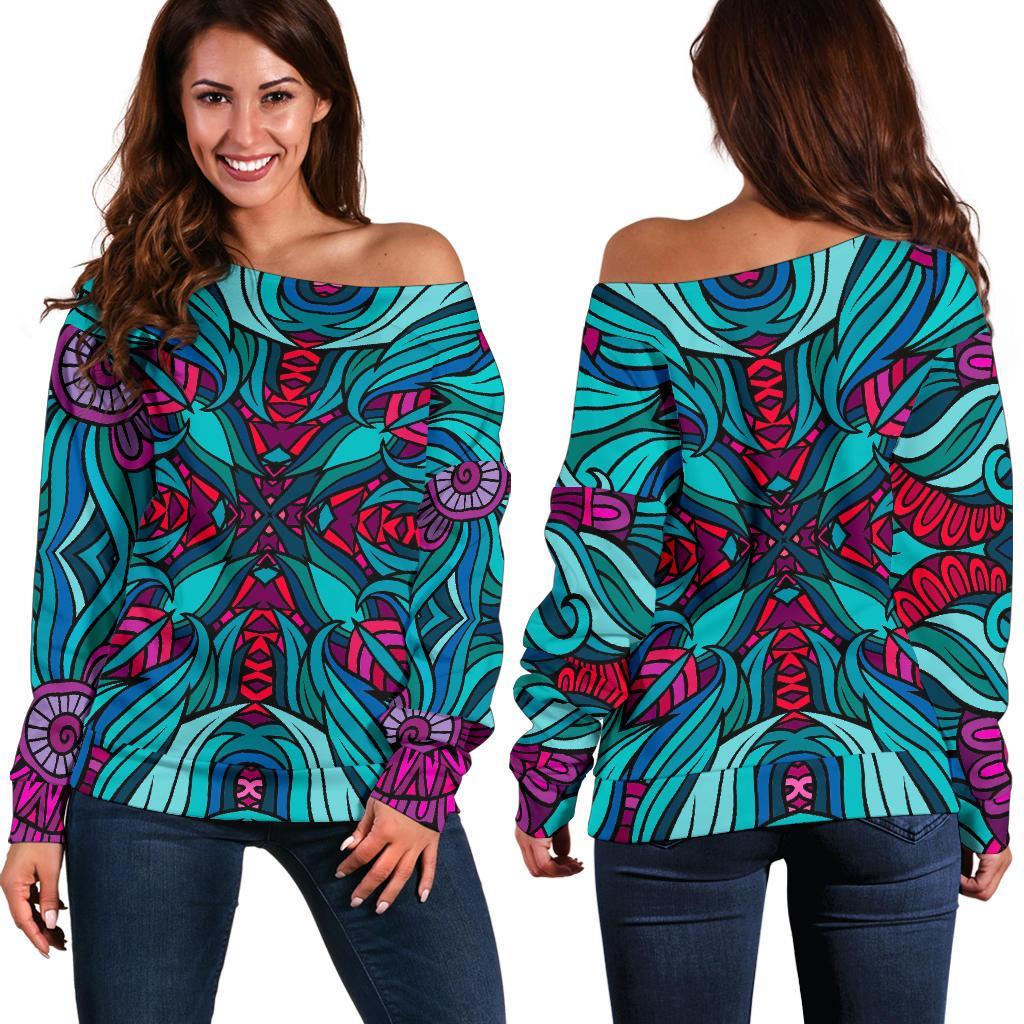 Ethnic Teal Bohemian Pattern Print Women's Off-Shoulder Sweatshirt