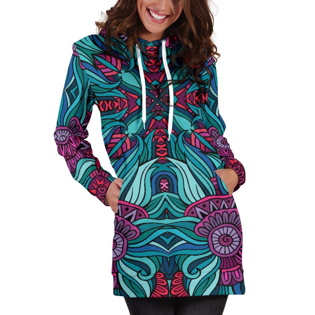 Ethnic Teal Bohemian Pattern Print Women's Pullover Hoodie Dress