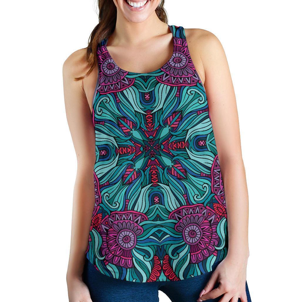 Ethnic Teal Bohemian Pattern Print Women's Racerback Tank Top