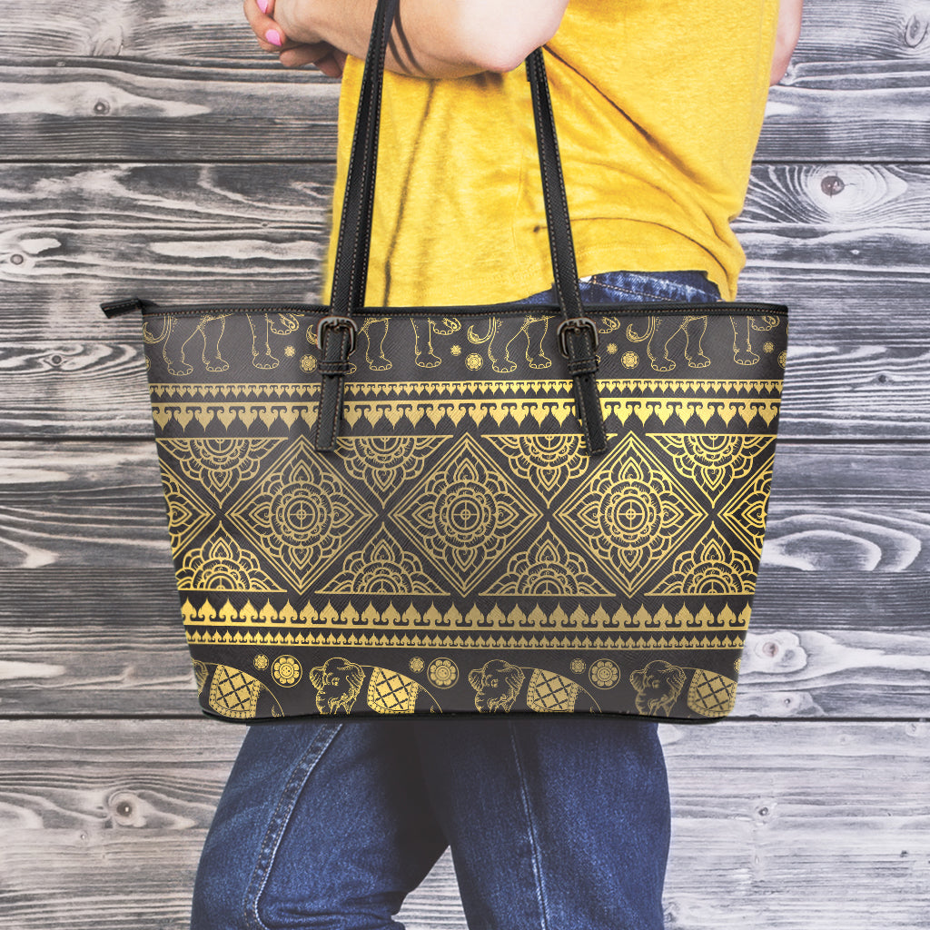 Ethnic Thai Elephant Pattern Print Leather Tote Bag