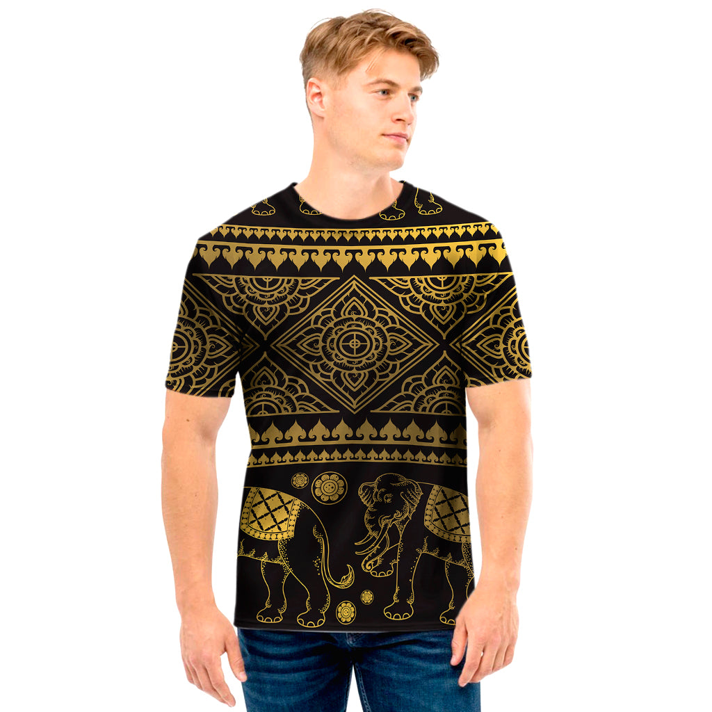 Ethnic Thai Elephant Pattern Print Men's T-Shirt