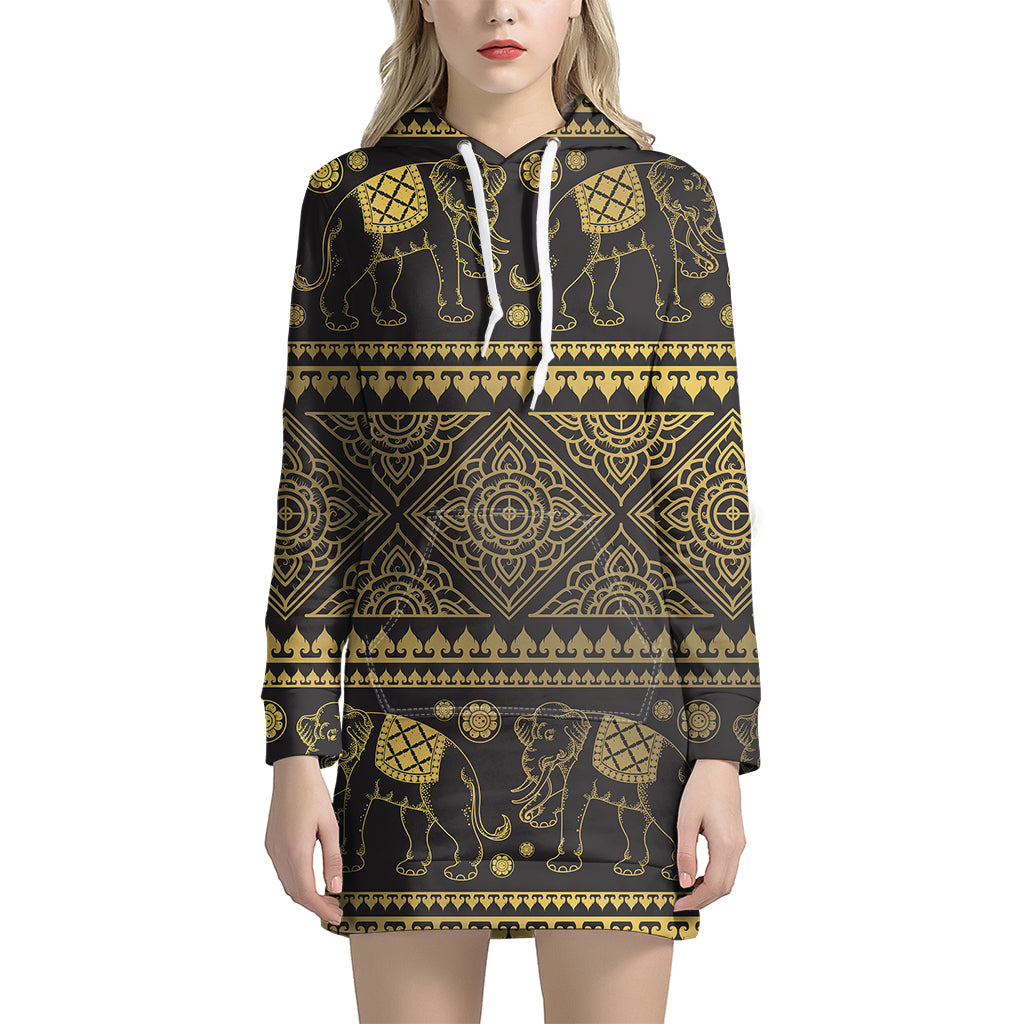 Ethnic Thai Elephant Pattern Print Women's Pullover Hoodie Dress