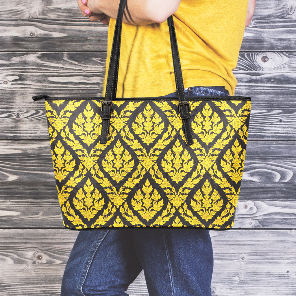 Ethnic Thai Pattern Print Leather Tote Bag