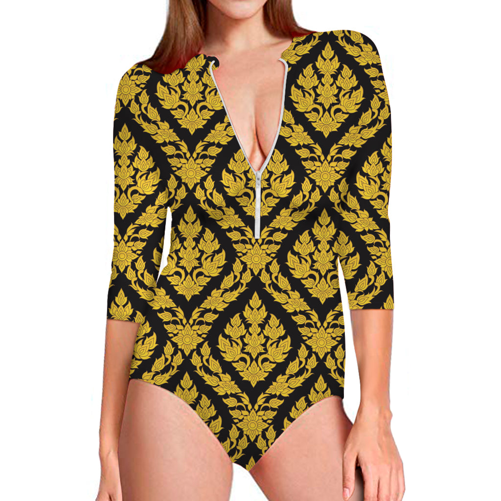 Ethnic Thai Pattern Print Long Sleeve One Piece Swimsuit