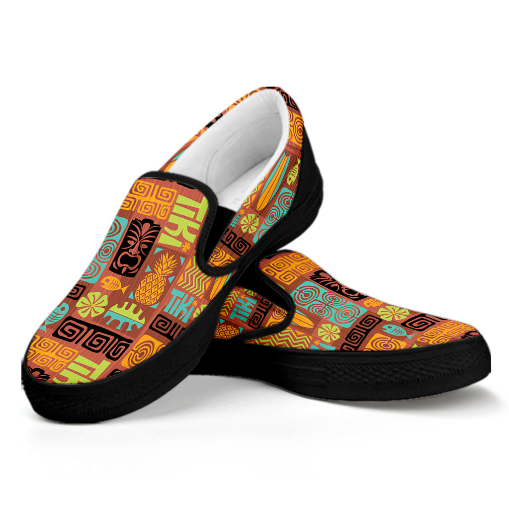 Ethnic Tiki Pattern Print Black Slip On Shoes