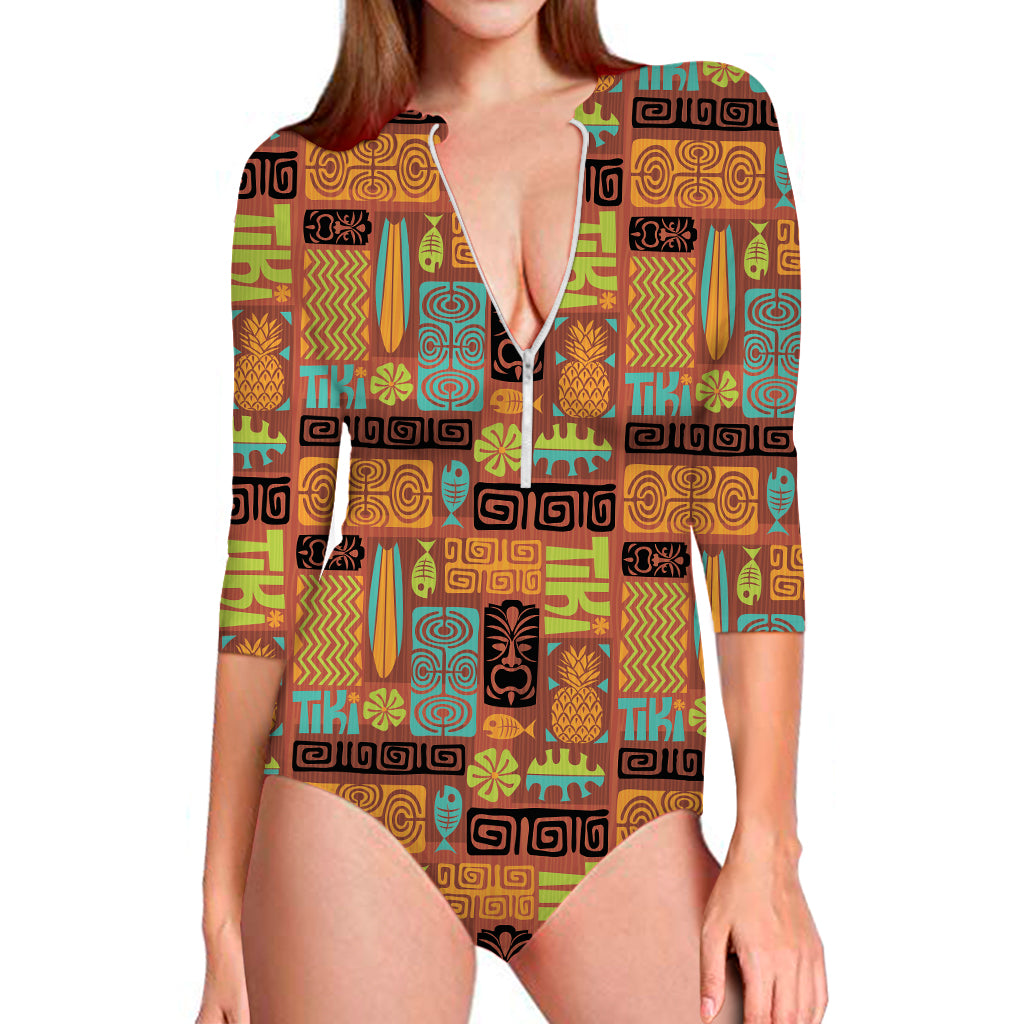 Ethnic Tiki Pattern Print Long Sleeve One Piece Swimsuit