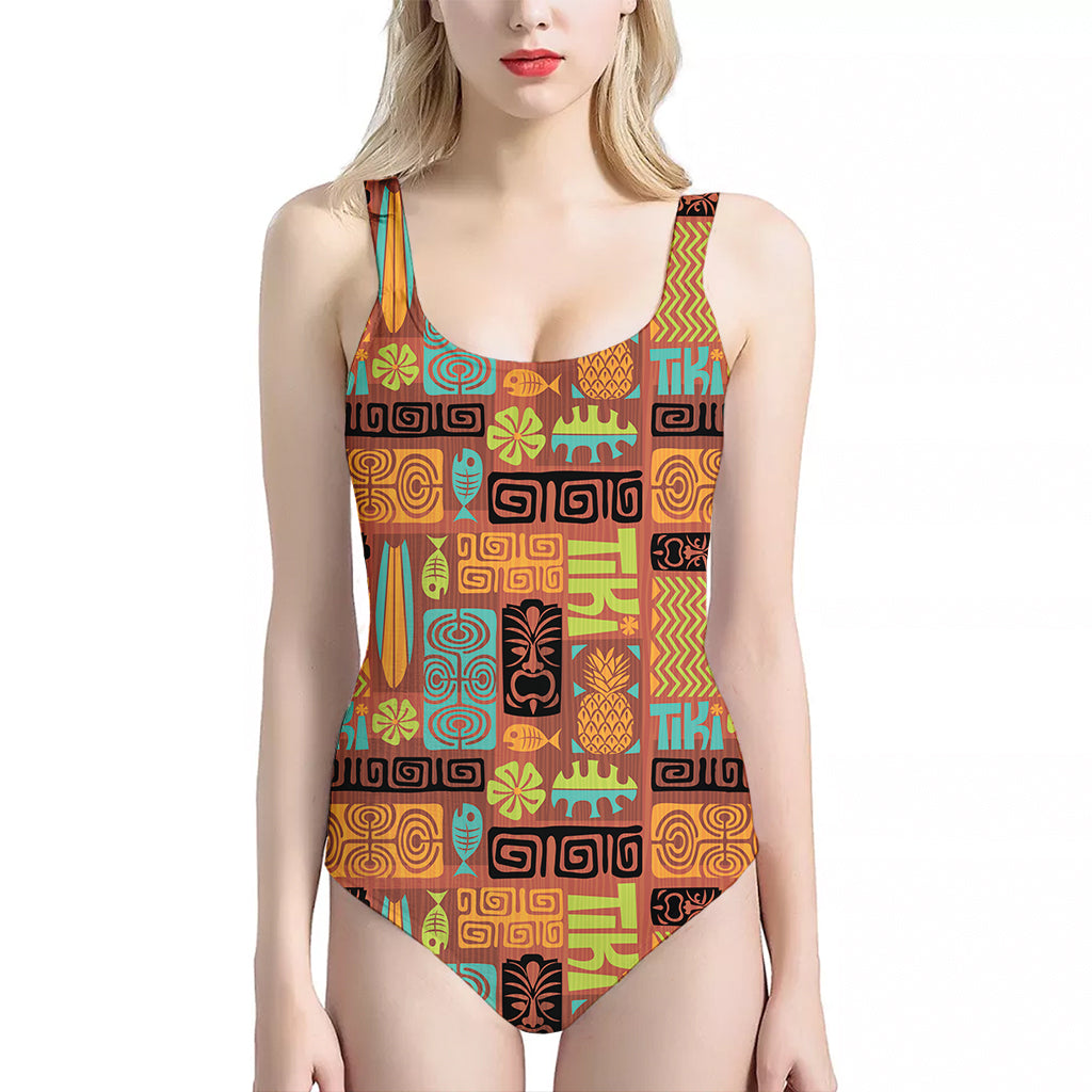 Ethnic Tiki Pattern Print One Piece Halter Neck Swimsuit