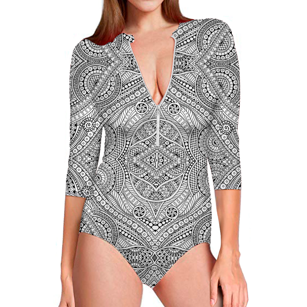 Ethnic Zentangle Pattern Print Long Sleeve One Piece Swimsuit