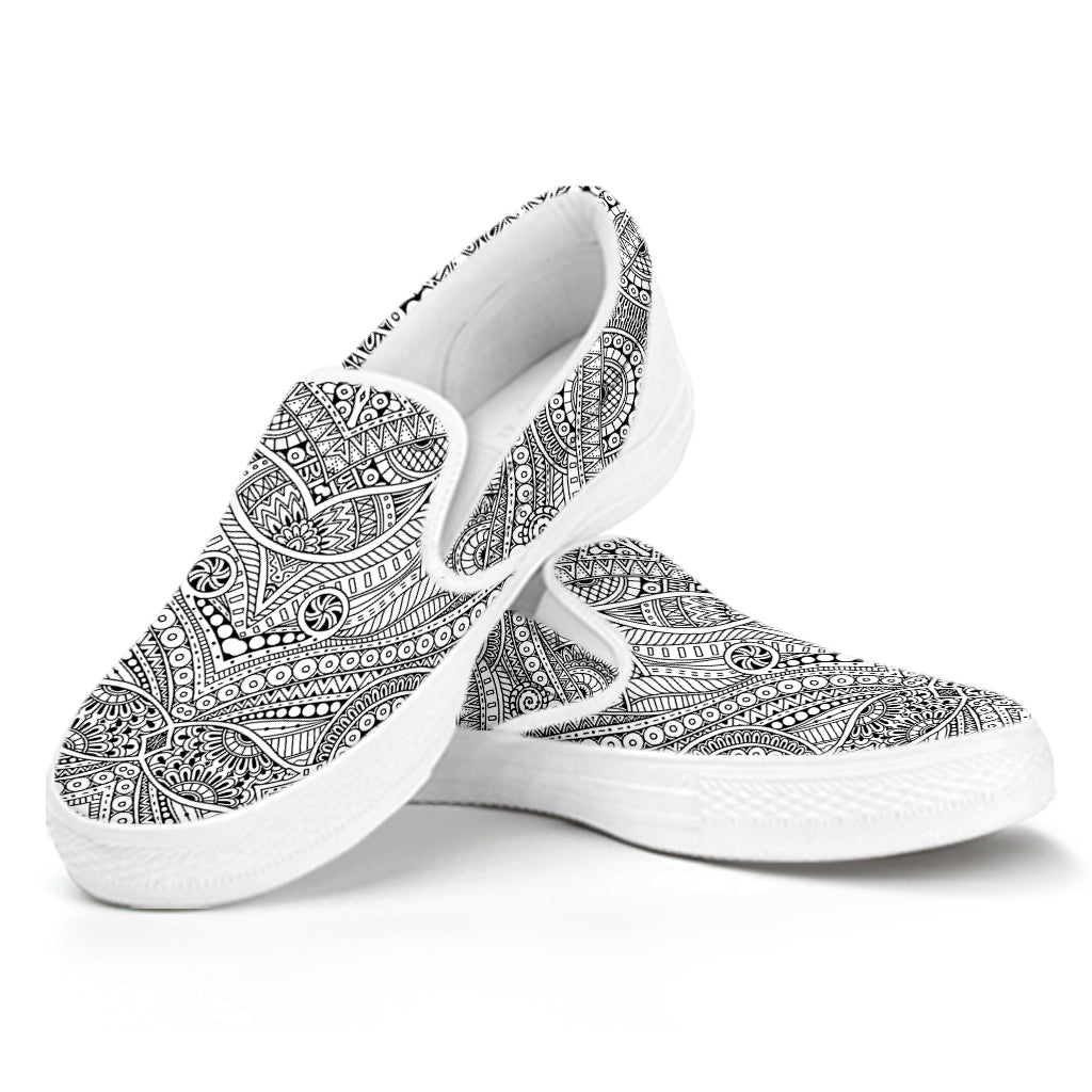 Ethnic Zentangle Pattern Print White Slip On Shoes