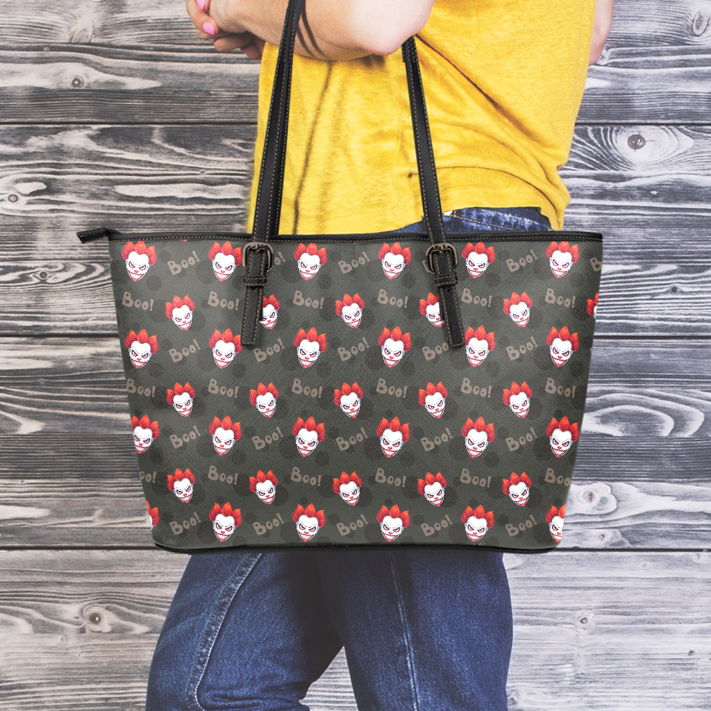 Evil Scary Clown Pattern Print Leather Tote Bag