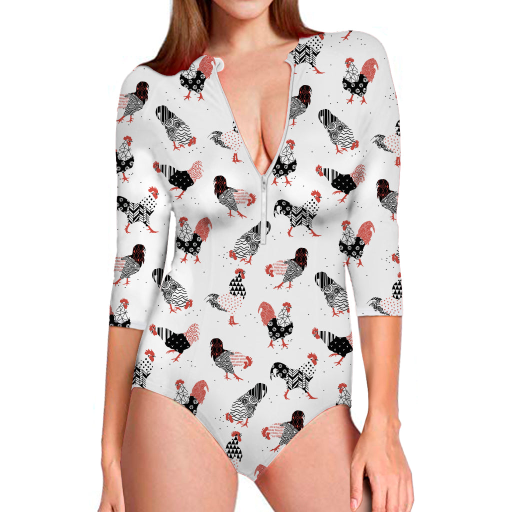 Exotic Chicken Pattern Print Long Sleeve One Piece Swimsuit