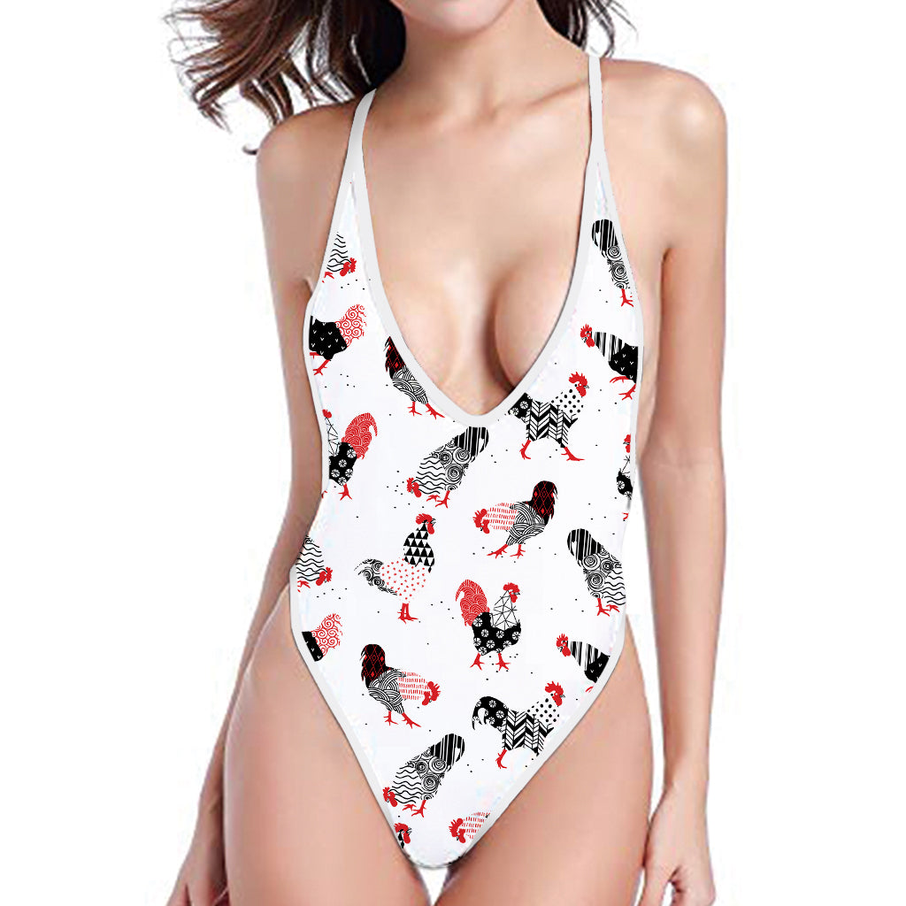 Exotic Chicken Pattern Print One Piece High Cut Swimsuit