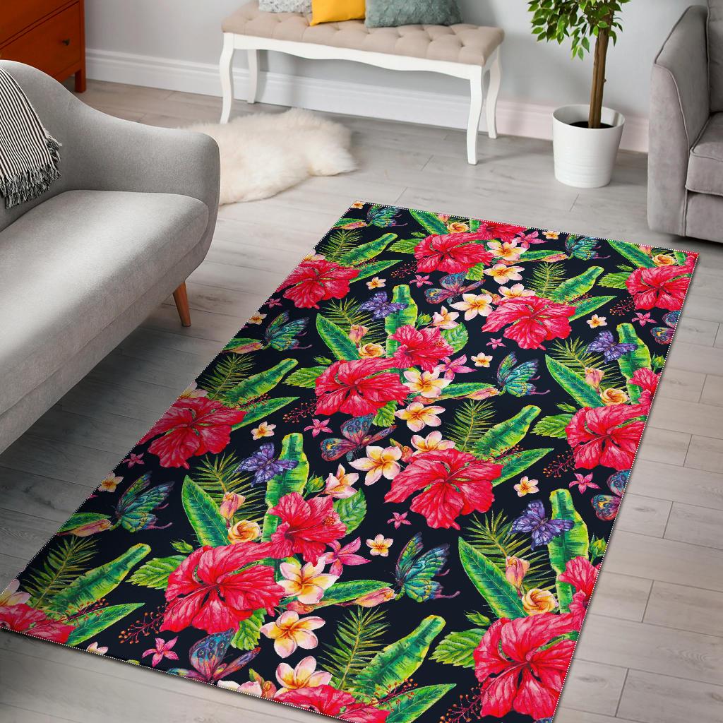 Exotic Hibiscus Flowers Pattern Print Area Rug